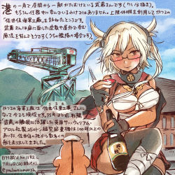 Rule 34 | 10s, 1girl, admiral (kancolle), alcohol, animal, black gloves, black legwear, blonde hair, breasts, brown eyes, commentary request, cup, dark-skinned female, dark skin, dated, day, fingerless gloves, glasses, gloves, hamster, kantai collection, kirisawa juuzou, large breasts, musashi (kancolle), non-human admiral (kancolle), sakazuki, sake, sarashi, traditional media, translation request, twintails, twitter username, two side up