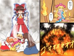 Rule 34 | 5girls, american flag dress, american flag legwear, anger vein, aura, blonde hair, bow, brown hair, burning, chestnut mouth, clenched hand, clownpiece, commentary request, detached sleeves, dress, drill hair, closed eyes, fairy wings, false smile, fire, hair bow, hair tubes, hakurei reimu, hat, head bump, japanese clothes, jester cap, long hair, luna child, miko, multiple girls, neck ruff, orange hair, pantyhose, shaded face, shirosato, short hair, short twintails, sleeping, smile, smoke, star sapphire, steam, sunny milk, torch, touhou, touhou sangetsusei, translation request, tree, twintails, wings