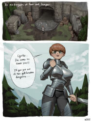 Rule 34 | 1girl, absurdres, armor, artist name, blush, breasts, brown hair, clenched hand, commentary, d&#039;arce (fear &amp; hunger), english commentary, english text, fear &amp; hunger, female knight, green eyes, highres, holding, holding sword, holding weapon, knight, large breasts, short hair, solo, speech bubble, sword, weapon, wjs07
