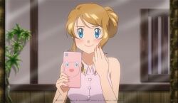 Rule 34 | 1girl, aged up, bare arms, blonde hair, blue eyes, blush, cellphone, closed mouth, creatures (company), eyelashes, game freak, gen 4 pokemon, glint, hands up, holding, holding phone, indoors, jewelry, looking at viewer, mixed-language commentary, nail polish, nintendo, noelia ponce, phone, pink nails, pokemon, pokemon (anime), pokemon xy (anime), ring, rotom, rotom phone, serena (pokemon), shirt, sleeveless, sleeveless shirt, smile, solo, upper body, watermark