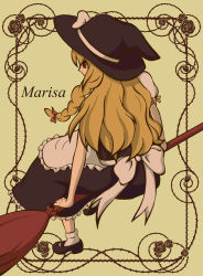Rule 34 | 1girl, alternate eye color, apron, black flower, black rose, blonde hair, bobby socks, border, bow, braid, broom, character name, female focus, flower, frills, from behind, full body, hair bow, hat, hat ribbon, kirisame marisa, leg up, long hair, looking away, mary janes, miho, red eyes, ribbon, rose, shoes, short sleeves, simple background, single braid, sitting, skirt, socks, solo, thorns, touhou, vest, white socks, witch, witch hat, yellow background