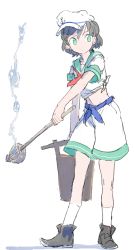 Rule 34 | 1girl, black hair, bucket, colorized, full body, green hair, hat, ladle, looking to the side, midriff, motsuni (artist), murasa minamitsu, outstretched arm, ribbon, sailor collar, sailor hat, sash, shirt, short hair, short sleeves, shorts, simple background, sketch, socks, solo, touhou, water, white background, white socks