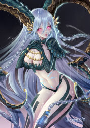 Rule 34 | 1girl, blush, braid, breasts, bukkake, chain, cleavage, crossed arms, crossed bangs, cum, curled horns, ejaculation, fate/grand order, fate (series), gloves, gradient background, grey background, hair between eyes, hands on own chest, heheneko, horns, large breasts, long hair, long horns, looking at viewer, navel, open mouth, pink eyes, pointy ears, pubic tattoo, smile, solo, stomach tattoo, striped clothes, striped gloves, symbol-shaped pupils, tail, tattoo, thighs, tiamat (fate), tongue, tongue out, twin braids, vertical-striped clothes, vertical-striped gloves, very long hair, x-shaped pupils