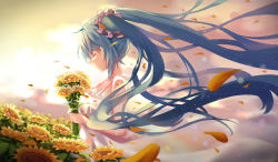 Rule 34 | 1girl, augu (523764197), bad id, bad pixiv id, blue hair, closed mouth, closed eyes, facing away, flower, from side, hatsune miku, holding, holding flower, long hair, solo, twintails, very long hair, vocaloid