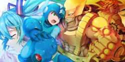 Rule 34 | 1girl, 3boys, abs, absurdres, aqua hair, blonde hair, closed eyes, dio brando, gloves, green eyes, hand on own face, hatsune miku, headband, helmet, highres, jojo no kimyou na bouken, mega man (character), mega man (classic), mega man (series), multiple boys, niconico rpg, open mouth, own hands clasped, own hands together, stand (jojo), the world, vocaloid, zelitto