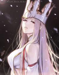Rule 34 | 1girl, azusa (hws), bare shoulders, black background, breasts, commentary request, crop top, crown, dated, detached sleeves, dress, dress of heaven, eyebrows, eyelashes, fate/grand order, fate (series), female focus, from side, hair over shoulder, half-closed eyes, irisviel von einzbern, irisviel von einzbern (caster), large breasts, lips, long hair, looking at viewer, nose, parted lips, red eyes, signature, sleeveless, sleeveless dress, solo, teeth, turning head, upper body, white dress, white hair