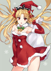 Rule 34 | 1girl, asle, bell, blonde hair, bow, breasts, christmas, cleavage, commentary request, cowboy shot, dress, earrings, elbow gloves, ereshkigal (fate), fate/grand order, fate (series), fur-trimmed dress, fur-trimmed gloves, fur-trimmed headwear, fur collar, fur trim, gloves, green bow, grey background, hair bow, hand up, hat, holding, holding sack, infinity symbol, jewelry, long hair, looking at viewer, medium breasts, open mouth, parted bangs, red bow, red dress, red eyes, red gloves, red hat, sack, santa costume, santa hat, snowflakes, solo, strapless, strapless dress, striped, striped bow, tiara, two side up, very long hair