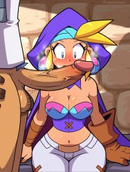 Rule 34 | 1boy, 1girl, antenna hair, arm support, bandaged head, bandages, bare shoulders, bikini, bikini top only, blonde hair, blue bikini, blush, bolo (shantae), bottomless, breasts, brown gloves, cleavage, cloak, collar, constricted pupils, corset, crop top, dark-skinned female, dark-skinned male, dark skin, detached collar, earrings, egg earrings, erection, eyelashes, gloves, grey pants, grey vest, head steam, highres, hood, jewelry, large breasts, large penis, linker, looking at penis, male pubic hair, midriff, navel, open mouth, outdoors, pants, penis, penis awe, pink bikini, pubic hair, purple collar, purple eyes, purple hood, shantae: half-genie hero, shantae (series), shirt, short hair, sidelocks, single glove, sitting, sky (shantae), solo focus, spiked hair, surprised, sweat, swimsuit, testicles, twitching penis, two-tone bikini, uncensored, veins, veiny penis, vest, wall, white shirt, wide hips, wrist wrap