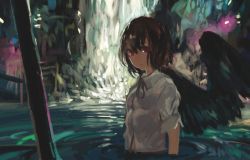 Rule 34 | 1girl, bird wings, black hair, black wings, bow, looking at viewer, md5 mismatch, nature, no headwear, no headwear, onion (onion and pi-natto), partially submerged, red eyes, resized, shameimaru aya, shirt, short hair, short sleeves, solo, touhou, water, waterfall, wings