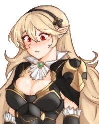 Rule 34 | 1girl, absurdres, blood, breasts, cleavage, cleavage cutout, clothing cutout, corrin (female) (fire emblem), corrin (fire emblem), fire emblem, fire emblem fates, fire emblem heroes, hairband, highres, large breasts, long hair, looking down, nintendo, official alternate costume, pointy ears, red eyes, simple background, solo, tridisart, upper body, very long hair, white background
