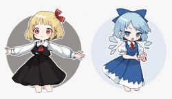 Rule 34 | 2girls, :d, ascot, blonde hair, blue bow, blue dress, blue eyes, blue hair, blush, bow, cirno, collared shirt, commentary, cropped legs, dress, hair bow, highres, ice, ice wings, long sleeves, multiple girls, neck ribbon, open mouth, outstretched arms, pinafore dress, puffy short sleeves, puffy sleeves, red ascot, red eyes, red ribbon, red skirt, red vest, ribbon, rumia, shirt, short hair, short sleeves, skirt, skirt set, sleeveless, sleeveless dress, smile, spread arms, symbol-only commentary, touhou, v-shaped eyebrows, vest, white shirt, wings, yujup