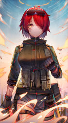 Rule 34 | 1girl, absurdres, arknights, bad id, bad pixiv id, bare legs, binggong asylum, black gloves, black jacket, crying, crying with eyes open, dog tags, exusiai (arknights), exusiai (wild operation) (arknights), eyewear on head, glint, gloves, grey shorts, hair over one eye, halo, highres, holding, holding jewelry, injury, jacket, jewelry, looking at viewer, official alternate costume, orange eyes, red hair, short hair, shorts, solo, sunglasses, tactical clothes, tears