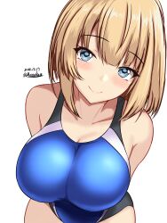Rule 34 | 1girl, black one-piece swimsuit, blonde hair, blue eyes, blue one-piece swimsuit, breasts, competition swimsuit, covered navel, cowboy shot, dated, hair between eyes, highres, kantai collection, large breasts, looking at viewer, montemasa, one-hour drawing challenge, one-piece swimsuit, rodney (kancolle), short hair, simple background, smile, swimsuit, twitter username, two-tone swimsuit, white background