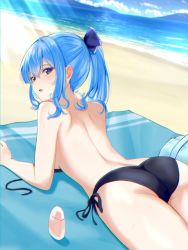 Rule 34 | 1girl, ass, back, bare shoulders, beach, beach towel, bikini, blue eyes, blue hair, blue sky, breasts, cloud, day, from behind, highres, hololive, hoshimachi suisei, looking at viewer, looking back, lotion, lotion bottle, lying, on stomach, oniku (o29sukizero), outdoors, ponytail, sand, side-tie bikini bottom, sidelocks, sky, small breasts, solo, star (symbol), star in eye, sunlight, sunscreen, swimsuit, symbol in eye, towel, untied bikini, virtual youtuber