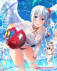 Rule 34 | 2girls, angel wings, ball, beachball, blue eyes, blush, bracelet, breasts, choker, cleavage, collarbone, company name, cross, cross choker, day, falkyrie no monshou, hand on own thigh, holding, holding ball, jewelry, large breasts, multiple girls, natsumekinoko, navel, necklace, official art, open mouth, outdoors, shirt, short hair, silver hair, smile, swimsuit, wet, wet clothes, wet shirt, white shirt, wings