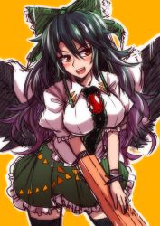 Rule 34 | &gt;:d, 1girl, :d, arm cannon, black hair, black thighhighs, black wings, blush, bow, breasts, cape, hair bow, large breasts, long hair, miniskirt, open mouth, red eyes, reiuji utsuho, sketch, skirt, smile, solo, tanakara, thighhighs, touhou, v-shaped eyebrows, weapon, wings, zettai ryouiki
