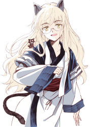 Rule 34 | 1girl, agahari, animal, animal ears, animal on shoulder, aruruu, aruruw (cosplay), blonde hair, cat ears, cat tail, cosplay, fangs, glasses, highres, japanese clothes, long hair, long sleeves, looking at viewer, miyafuji yoshika, open mouth, perrine h. clostermann, sawashiro miyuki, voice actor connection, silhouette demon, sleeves past wrists, strike witches, tail, traditional clothes, traditional media, utawarerumono, wide sleeves, world witches series, yellow eyes