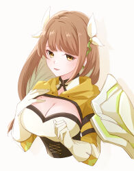Rule 34 | 1girl, black corset, braid, braided ponytail, breasts, brown hair, cleavage, corset, fire emblem, fire emblem engage, gloves, goldmary (fire emblem), highres, hooded top, large breasts, low ponytail, mole, mole on breast, nintendo, ribbon, single shoulder pad, solo, white gloves, white ribbon, yutohiroya