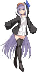 Rule 34 | 1girl, armored boots, black jacket, blue ribbon, blush, boots, choker, commentary request, fate/grand order, fate (series), full body, jacket, long hair, long sleeves, looking at viewer, meltryllis (fate), meltryllis (swimsuit lancer) (first ascension) (fate), purple eyes, purple hair, ribbon, shiseki hirame, simple background, sleeves past fingers, sleeves past wrists, smile, solo, split mouth, very long hair, white background, white jacket