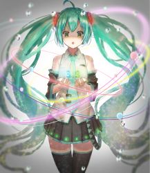 Rule 34 | 1girl, 39, 5ya, :o, absurdly long hair, ahoge, aqua necktie, bad id, bad pixiv id, black skirt, black thighhighs, collared shirt, cowboy shot, detached sleeves, fingernails, floating hair, glowing, green eyes, green hair, grey shirt, hatsune miku, light particles, long hair, looking down, necktie, open mouth, pleated skirt, shaded face, shirt, skirt, solo, thighhighs, twintails, very long hair, vocaloid, water drop