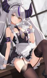Rule 34 | 1girl, ahoge, alternate costume, apron, arm cuffs, black dress, black footwear, black necktie, braid, collar, demon girl, demon horns, detached collar, dress, enmaided, frilled apron, frilled dress, frills, garter straps, gloves, grey hair, hair between eyes, highres, holding, holding own hair, hololive, horns, la+ darknesss, lace, lace-trimmed legwear, lace trim, leg up, looking at viewer, maid, maid headdress, multicolored hair, necktie, parted lips, pointy ears, purple hair, short dress, sidelocks, sitting, sleeveless, sleeveless dress, solo, strapless, strapless dress, streaked hair, striped horns, thighhighs, thomas 8000, twintails, virtual youtuber, white collar, white gloves, window, wrist cuffs, yellow eyes