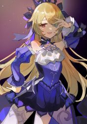 Rule 34 | 1girl, absurdres, blonde hair, dress, eyepatch, fischl (ein immernachtstraum) (genshin impact), fischl (genshin impact), genshin impact, half updo, highres, long hair, long sleeves, looking at viewer, off-shoulder dress, off shoulder, open mouth, purple dress, red eyes, short twintails, smile, solo, twintails, yui 4293