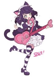 Rule 34 | 10s, 1girl, :d, animal ears, bell, black hair, blush stickers, bow, bowtie, cat ears, cat tail, copyright name, cyan (show by rock!!), dress, fang, flat color, frills, green eyes, guitar, hairband, heart, instrument, lolita hairband, music, open mouth, playing instrument, plectrum, ringlets, show by rock!!, sketch, smile, solo, standing, standing on one leg, strawberry heart (show by rock!!), striped clothes, striped thighhighs, tail, thighhighs, white background, zn (zzzzzni)