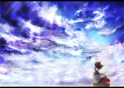 Rule 34 | 1girl, bow, brown hair, cloud, detached sleeves, female focus, from behind, gohei, hair bow, hair tubes, hakurei reimu, japanese clothes, letterboxed, light rays, looking away, looking up, miko, short hair, skirt, sky, solo, sunbeam, sunlight, taku-012, touhou, vest