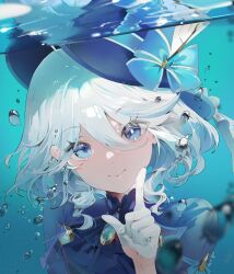 Rule 34 | 1girl, air bubble, ascot, blue ascot, blue bow, blue eyes, blue hat, blue theme, bow, brooch, bubble, buri (retty9349), close-up, closed mouth, drop-shaped pupils, furina (genshin impact), genshin impact, glint, gloves, hair between eyes, half gloves, hand up, hat, hat bow, highres, index finger raised, jewelry, looking at viewer, mismatched pupils, multicolored hair, smile, solo, streaked hair, symbol-shaped pupils, top hat, underwater, white gloves, white hair