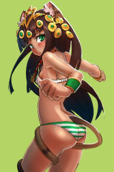Rule 34 | 1girl, animal ears, back, bastet (p&amp;d), black hair, bra, cat ears, cat tail, dark-skinned female, dark skin, from behind, green eyes, jewelry, long hair, lots of jewelry, necklace, panties, puzzle &amp; dragons, solo, striped bra, striped clothes, striped panties, tail, tail wrap, tanukimaso, underwear, underwear only