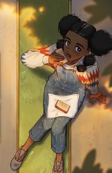 Rule 34 | 1girl, afro puffs, black hair, blue overalls, dark-skinned female, dark skin, eating, food, full body, grass, grey footwear, holding, holding food, jujy (tongari boushi no atelier), long sleeves, multi-tied hair, open mouth, overalls, sandwich, senshi-9, sitting, solo, tongari boushi no atelier