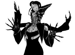 Rule 34 | 1girl, android, bare shoulders, claws, cowboy shot, extra arms, greyscale, hands up, high collar, long neck, long sleeves, looking at viewer, monochrome, open mouth, original, sharp teeth, shion humine, short hair, simple background, smug, solo, standing, teeth, white background, wide sleeves