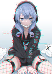 Rule 34 | 1girl, arms between legs, black hoodie, blank eyes, blue eyes, blue hair, closed mouth, cowboy shot, dot mouth, dot nose, ev (dai00888), fishnet thighhighs, fishnets, glitch, hair between eyes, hatsune miku, highres, hood, hood up, hoodie, legs apart, long hair, long sleeves, looking at viewer, mask, mask around neck, mouth mask, o o, pure pure (rabbit hole), rabbit hole (vocaloid), sidelocks, simple background, sitting, solo, straight-on, stuffed animal, stuffed rabbit, stuffed toy, thighhighs, thighs, vocaloid, white background