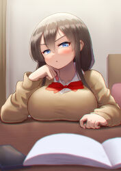 Rule 34 | 1girl, annoyed, bedroom, blue eyes, book, bow, bowtie, breast rest, breasts, breasts on table, brown hair, brown sweater, cellphone, collared shirt, commentary, frown, hand on own cheek, hand on own face, hand on table, highres, holding, holding pen, indoors, large breasts, long hair, long sleeves, looking at viewer, maku ro, original, parted lips, pen, phone, pov, red bow, red bowtie, school uniform, shirt, sidelocks, smartphone, solo, studying, sweater, table, upper body, white shirt