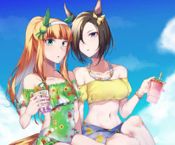 Rule 34 | 2girls, absurdres, air groove (umamusume), alternate costume, animal ears, aqua eyes, bare shoulders, blue eyes, blue sarong, blue sky, blunt bangs, bow, bracelet, breasts, brown hair, cloud, collarbone, commentary request, cowboy shot, crop top, cup, day, disposable cup, drinking straw, ear bow, ear covers, eyeshadow, flat chest, floral print, frilled one-piece swimsuit, frilled swimsuit, frills, green one-piece swimsuit, groin, hair between eyes, hairband, highres, hime cut, holding, holding cup, horse ears, horse girl, horse tail, jewelry, long hair, looking at viewer, makeup, medium breasts, midriff, multiple girls, navel, necklace, off-shoulder one-piece swimsuit, off-shoulder shirt, off shoulder, one-piece swimsuit, orange hair, parted lips, ponytail, puffy short sleeves, puffy sleeves, red eyeshadow, sarong, shirt, short hair, short sleeves, sidelocks, silence suzuka (umamusume), sitting, sky, stomach, sugamo (rainysnowy108), swimsuit, tail, umamusume, white hairband, yellow bow, yellow shirt