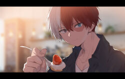 Rule 34 | 1boy, aqua eyes, blurry, blurry background, boku no hero academia, brown eyes, burn scar, closed mouth, collared shirt, commentary request, fork, gugugunogu, hair between eyes, heterochromia, highres, holding, holding fork, incoming food, letterboxed, looking at viewer, male focus, multicolored hair, red hair, scar, scar on face, shirt, short hair, solo, split, standing, standing on one leg, standing split, todoroki shouto, two-tone hair, upper body, white hair