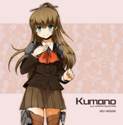 Rule 34 | 10s, 1girl, 2014, blazer, blush, brown hair, brown skirt, brown thighhighs, character name, copyright name, dated, green eyes, jacket, kantai collection, kumano (kancolle), long hair, pink background, rii (metro electro), shoulder pads, skirt, smile, solo, thighhighs