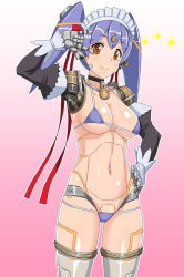Rule 34 | 1girl, android, bare shoulders, bikini, black choker, blush, breasts, choker, circle echime, cleavage, closed mouth, cowboy shot, detached sleeves, eyebrows, eyelashes, facing away, gradient background, grey thighhighs, groin, hair between eyes, hair ribbon, hand on own hip, highres, joints, legs apart, lips, long hair, long sleeves, looking at viewer, lowleg, lowleg bikini, m/, maid headdress, medium breasts, micro bikini, multicolored background, navel, nintendo, orange eyes, outline, pink background, poppi (xenoblade), poppi qt (xenoblade), puffy long sleeves, puffy sleeves, purple bikini, purple hair, red ribbon, ribbon, ringed eyes, robot joints, shiny skin, smile, solo, sparkle, spikes, spoilers, standing, stomach, swimsuit, tareme, thighhighs, twintails, two-tone background, underboob, white background, white outline, xenoblade chronicles (series), xenoblade chronicles 2