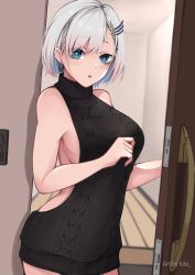 Rule 34 | 1girl, absurdres, aran sweater, backless outfit, bare shoulders, black sweater, blue eyes, breasts, bright pupils, cable knit, cowboy shot, door, doorway, dress, dutch angle, earrings, grey hair, hair ornament, hairclip, hands up, highres, hitozche, hololive, hololive indonesia, holoro, indoors, jewelry, large breasts, looking at viewer, medium hair, meme attire, no bra, open mouth, pantyhose, pavolia reine, sideboob, sideless outfit, sleeveless, sleeveless sweater, solo, sweater, sweater dress, virgin killer sweater, virtual youtuber