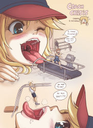 Rule 34 | 1boy, 1girl, blonde hair, blue eyes, blush, coach, crisis, drooling, english text, felarya, giant, giantess, hat, helpless, highres, imminent vore, karbo, mini person, miniboy, motion lines, one eye closed, open mouth, peril, saliva, saliva trail, scared, size difference, smile, soft vore, speech bubble, teeth, tongue, tongue out, treadmill, uvula, vore