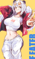 Rule 34 | 1girl, arknights, character name, eyewear on head, feater (arknights), jacket, long hair, long sleeves, midriff, navel, oioidaddy, pants, red jacket, shirt, simple background, smile, solo, v, white hair, white pants, white shirt, yellow background