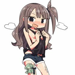 Rule 34 | 1girl, brown eyes, brown hair, commentary, kanikama, long hair, looking at viewer, lowres, money, tucked money, no bra, original, short shorts, shorts, side ponytail, solo, strap pull, sweat, tank top, tongue, tongue out, translated, white background