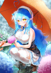Rule 34 | 1girl, absurdres, after rain, ahoge, belt, beret, blouse, blue flower, blue hair, blue ribbon, blue skirt, blurry, blurry foreground, blush, boots, breasts, brown belt, brown footwear, cleavage, cleavage cutout, closed mouth, clothing cutout, cloud, cloudy sky, colorful, commentary, corset, crossed bangs, eshineko, flower, frilled skirt, frills, full body, fur-trimmed footwear, fur trim, grey sky, hair between eyes, hair flower, hair ornament, hat, heart, heart ahoge, highres, holding, holding flower, holding umbrella, hololive, hydrangea, large breasts, light blue hair, light rays, long hair, looking at viewer, miniskirt, multicolored hair, neck ribbon, outdoors, pink flower, pointy ears, ribbon, ripples, shirt, skirt, sky, sleeveless, sleeveless shirt, smile, snowflake print, solo, sparkle, squatting, streaked hair, sunlight, thighhighs, two-tone hair, umbrella, underbust, very long hair, virtual youtuber, white hat, white shirt, white thighhighs, yellow eyes, yukihana lamy