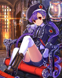 Rule 34 | 1girl, armchair, blurry, chair, depth of field, empew, gloves, hair ornament, hat, holding, key, long hair, looking at viewer, low twintails, original, purple hair, red eyes, shorts, sitting, solo, tenkuu no crystalia, thighhighs, twintails, white gloves, white thighhighs