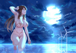 Rule 34 | 1girl, armpits, bare shoulders, bikini, breasts, brown bikini, brown eyes, brown hair, cloud, commentary request, full moon, ge xi, hand to head, hip focus, large breasts, long hair, mid-autumn festival, moon, moonlight, navel, night, night sky, on one knee, original, parted lips, qin xiang (ge xi), revealing clothes, sideboob, sky, swimsuit, thighs, tsukimi, underboob, wind turbine, windmill