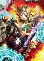 Rule 34 | ahoge, armor, asymmetrical bangs, barding, blonde hair, book, boots, circlet, explosion, fire emblem, fire emblem cipher, fire emblem fates, highres, holding, holding book, holding weapon, horseback riding, looking at viewer, magic, miwabe sakura, nintendo, official art, open mouth, ophelia (fire emblem), outstretched arm, riding, thigh boots, thighs, third-party source, weapon, yellow eyes