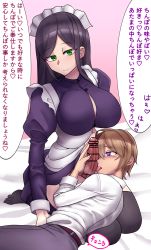 Rule 34 | 1boy, 1girl, blush, breasts, clothes lift, erection, fellatio, futa with male, futanari, green eyes, heart, heart-shaped pupils, highres, large breasts, licking, licking penis, long hair, looking at viewer, maid, no panties, penis, seiza, sitting, skirt, skirt lift, smile, steam, symbol-shaped pupils, translated