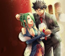 Rule 34 | 1boy, 1girl, black hair, blue dress, breasts, cleavage, dress, earrings, elbow gloves, gloves, green eyes, green hair, hair over one eye, jewelry, large breasts, matching hair/eyes, necklace, official art, rave, reina (rave)