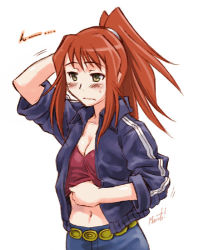 Rule 34 | 00s, 1girl, blush, breasts, cleavage, clothes lift, denim, green eyes, jacket, jeans, lowres, maruto!, medium breasts, midriff, my-hime, pants, ponytail, red hair, shirt lift, solo, sugiura midori, sweat