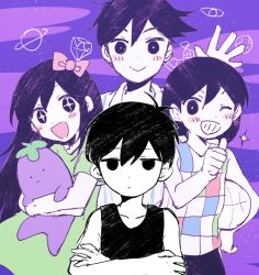 Rule 34 | &gt; o, + +, 1girl, 3boys, aqua shirt, aubrey (headspace) (omori), aubrey (omori), ball, basket, basketball, basketball (object), black eyes, black hair, black tank top, blush, bow, crossed arms, expressionless, hair bow, hero (headspace) (omori), hero (omori), holding, holding basket, holding stuffed toy, kel (headspace) (omori), kel (omori), long hair, looking at viewer, mr. plantegg, multiple boys, omori, omori (omori), one eye closed, open mouth, pajamas, pink bow, purple background, purple eyes, purple hair, purple sky, shirt, short hair, short sleeves, sky, smile, sparkling eyes, star (sky), star (symbol), starry sky, stuffed toy, tank top, waving, xox xxxxxx